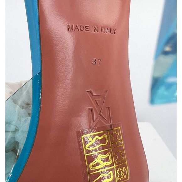 NWT AMINA MUADDI Lupita Sky Blue PVC and Patent Leather Mules Size EU37 - Picture 13 of 14